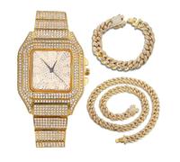 HALUKAKAH Orologio con Diamanti Iced Out,Uomo Placcato in Oro 18 Carati Quadrante con Numeri Arabi Quarzo Cinturino 22cm,con Catene Cubana Bracciale 20cm + Collana 45cm,con Scatola Regalo