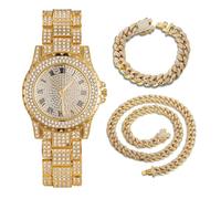 HALUKAKAH Orologio con Diamanti Iced Out,Uomo Placcato in Oro 18 Carati Quadrante Rotondo Largo 39MM Quarzo Cinturino 22,5cm,con Catene Cubana Bracciale 20cm + Collana 45cm,con Scatola Regalo