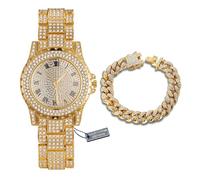 HALUKAKAH Orologio con Diamanti Iced Out,Uomo Placcato in Oro 18 Carati Quadrante Rotondo Largo 39MM Quarzo Cinturino 22,5cm,con Catena Cubana Bracciale 20cm,Viene Fornito con Scatola Regalo