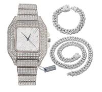HALUKAKAH Orologio con Diamanti Iced Out,Uomo Placcato in Platino Oro Bianco Quadrante con Numeri Arabi Quarzo Cinturino 22cm,con Catene Cubana Bracciale 20cm + Collana 45cm,con Scatola Regalo