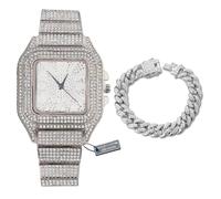 HALUKAKAH Orologio con Diamanti Iced Out,Uomo Placcato in Platino Oro Bianco Quadrante con Numeri Arabi Quarzo Cinturino 22cm,con Catena Cubana Bracciale 20cm,Viene Fornito con Scatola Regalo