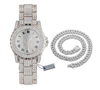 HALUKAKAH Orologio con Diamanti Iced Out,Uomo Placcato in Platino Oro Bianco Quadrante Rotondo Largo 39MM Quarzo Cinturino 22,5cm,con Catena Cubana Collana 45cm,Viene Fornito con Scatola Regalo