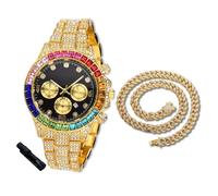 HALUKAKAH Orologio con Diamanti in Oro per Adolescenti,Bambini - Placcato in Oro 18 Carati,Quadrante Nero 40mm,Quarzo Giapponese - Lunghezza 18.5cm,con Catena Cubana 40cm e Strumento Regolatore