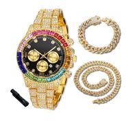 HALUKAKAH Orologio con Diamanti in Oro per Adolescenti,Bambini - Placcato in Oro 18 Carati,Quadrante Nero 40mm,Quarzo Giapponese - Lunghezza 18.5cm,con Catene Cubana 18+40cm e Strumento Regolatore