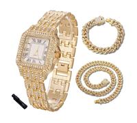 Halukakah Orologio con Diamanti in Oro per Adolescenti,Bambini - Placcato in Oro 18 Carati,Quadrante Quadrato 31mm,Quarzo Giapponese - Lunghezza 20.5cm,con Catene Cubana 18+40cm e Strumento Regolatore