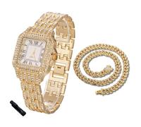 HALUKAKAH Orologio con Diamanti in Oro per Adolescenti,Bambini - Placcato in Oro 18 Carati,Quadrante Quadrato 31mm,Quarzo Giapponese - Lunghezza 20.5cm,con Catena Cubana 40cm e Strumento Regolatore