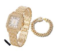 HALUKAKAH Orologio con Diamanti in Oro per Adolescenti,Bambini - Placcato in Oro 18 Carati,Quadrante Quadrato 31mm,Quarzo Giapponese - Lunghezza 20.5cm,con Catena Cubana 18cm e Strumento Regolatore