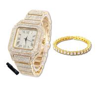 Halukakah Orologio con Diamanti in Oro per Adolescenti,Bambini - Placcato in Oro 18 Carati,Quadrante Quadrato 40mm,Quarzo Giapponese - Lunghezza 18.5cm,con Catena da Tennis 18cm e Strumento Regolatore