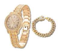 HALUKAKAH Orologio con Diamanti in Oro per Adolescenti,Bambini - Placcato in Oro 18 Carati,Quadrante Tondo 32mm,Quarzo Giapponese - Lunghezza 19.5cm,con Catena Cubana 18cm e Strumento Regolatore