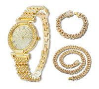HALUKAKAH Orologio con Diamanti in Oro per Adolescenti,Bambini - Placcato in Oro 18 Carati,Quadrante Tondo 31mm,Quarzo Giapponese - Lunghezza 20.5cm,con Catene Cubana 18+40cm e Strumento Regolatore