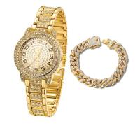 HALUKAKAH Orologio con Diamanti in Oro per Bambini - Placcato in Oro 18 Carati,Quadrante Tondo con Numeri Arabi,Quarzo Giapponese - Lunghezza 19.5cm,con Catena Cubana 18cm - per Compleanni,Feste