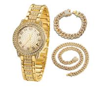 HALUKAKAH Orologio con Diamanti in Oro per Bambini - Placcato in Oro 18 Carati,Quadrante Tondo con Numeri Arabi,Quarzo Giapponese - Lunghezza 19.5cm,con Catene Cubana 18+40cm - per Compleanni,Feste