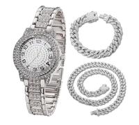 HALUKAKAH Orologio con Diamanti in Oro per Bambini - Placcato in Platino,Quadrante Tondo con Numeri Arabi,Quarzo Giapponese - Lunghezza 19.5cm,con Catene Cubana 18+40cm - per Compleanni,Feste