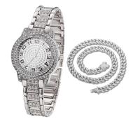 HALUKAKAH Orologio con Diamanti in Oro per Bambini - Placcato in Platino,Quadrante Tondo con Numeri Arabi,Quarzo Giapponese - Lunghezza 19.5cm,con Catena Cubana 40cm - per Compleanni,Feste