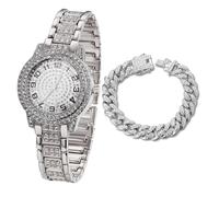 HALUKAKAH Orologio con Diamanti in Oro per Bambini - Placcato in Platino,Quadrante Tondo con Numeri Arabi,Quarzo Giapponese - Lunghezza 19.5cm,con Catena Cubana 18cm - per Compleanni,Feste