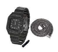 Halukakah Orologio con Diamanti in Oro per Ragazzi,Adolescenti,Bambini - Placcato in Nero Rodio,Quadrante Quadrato 40mm,Quarzo Giapponese - Lunghezza 20cm,con Catena Cubana 40cm e Strumento Regolatore