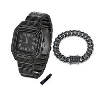Halukakah Orologio con Diamanti in Oro per Ragazzi,Adolescenti,Bambini - Placcato in Nero Rodio,Quadrante Quadrato 40mm,Quarzo Giapponese - Lunghezza 20cm,con Catena Cubana 18cm e Strumento Regolatore