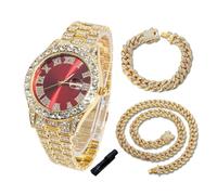 HALUKAKAH Orologio con Diamanti in Oro per Ragazzi,Adolescenti,Bambini - Placcato in Oro 18K,Quadrante Rosso 42mm,Quarzo Giapponese - Lunghezza 20cm,con Catene Cubana 18+40cm e Strumento Regolatore