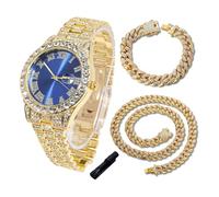 HALUKAKAH Orologio con Diamanti in Oro per Ragazzi,Adolescenti,Bambini - Placcato in Oro 18K,Quadrante Blu 42mm,Quarzo Giapponese - Lunghezza 20cm,con Catene Cubana 18+40cm e Strumento Regolatore