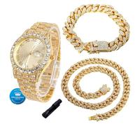 HALUKAKAH Orologio con Diamanti in Oro per Ragazzi,Adolescenti,Bambini - Placcato in Oro 18K,Quadrante Rotondo 42mm,Quarzo Giapponese - Lunghezza 20cm,con Catene Cubana 18+40cm e Strumento Regolatore