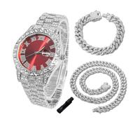 HALUKAKAH Orologio con Diamanti in Oro per Ragazzi,Adolescenti,Bambini - Placcato in Platino,Quadrante Rosso 42mm,Quarzo Giapponese - Lunghezza 20cm,con Catene Cubana 18+40cm e Strumento Regolatore
