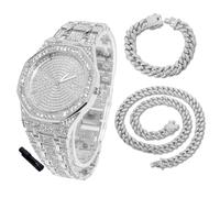 Halukakah Orologio con Diamanti in Oro per Ragazzi,Adolescenti,Bambini - Placcato in Platino,Quadrante Ottagono 41mm,Quarzo Giapponese - Lunghezza 19cm,con Catene Cubana 18+40cm e Strumento Regolatore