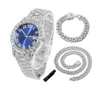 HALUKAKAH Orologio con Diamanti in Oro per Ragazzi,Adolescenti,Bambini - Placcato in Platino,Quadrante Blu 42mm,Quarzo Giapponese - Lunghezza 20cm,con Catene Cubana 18+40cm e Strumento Regolatore