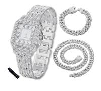 Halukakah Orologio con Diamanti in Oro per Ragazzi,Adolescenti,Bambini -Placcato in Platino,Quadrante Quadrato 31mm,Quarzo Giapponese -Lunghezza 20.5cm,con Catene Cubana 18+40cm e Strumento Regolatore