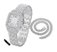 HALUKAKAH Orologio con Diamanti in Oro per Ragazzi,Adolescenti,Bambini - Placcato in Platino,Quadrante Quadrato 31mm,Quarzo Giapponese - Lunghezza 20.5cm,con Catena Cubana 40cm e Strumento Regolatore