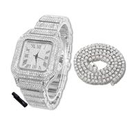 Halukakah Orologio con Diamanti in Oro per Ragazzi,Bambini - Placcato in Platino,Quadrante Quadrato 40mm,Quarzo Giapponese -Lunghezza 18.5cm,con Catena da Tennis 40cm e Strumento Regolatore -per Feste