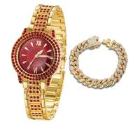 Halukakah Orologio con Diamanti Rossi per Ragazzi,Bambini - Placcato in Oro 18 Carati,Quadrante Rotondo Rosso da 32mm,Quarzo Giapponese - Lunghezza 19.5cm - Include Catena Cubana 18cm - per Compleanni