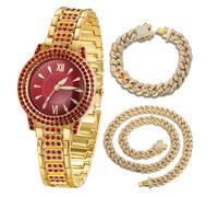 HALUKAKAH Orologio con Diamanti Rossi per Ragazzi,Bambini - Placcato in Oro 18 Carati,Quadrante Rotondo Rosso da 32mm,Quarzo Giapponese - Lunghezza 19.5cm - Include Catene Cubane 18+40cm - per Feste