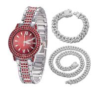 HALUKAKAH Orologio con Diamanti Rossi per Ragazzi,Bambini - Placcato in Platino,Quadrante Rotondo Rosso da 32mm,Quarzo Giapponese - Lunghezza 19.5cm - Include Catene Cubane 18+40cm - per Compleanni