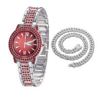 Halukakah Orologio con Diamanti Rossi per Ragazzi,Bambini - Placcato in Platino,Quadrante Rotondo Rosso da 32mm,Quarzo Giapponese - Lunghezza 19.5cm - Include Catena Cubana 40cm - per Compleanni,Feste