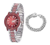 Halukakah Orologio con Diamanti Rossi per Ragazzi,Bambini - Placcato in Platino,Quadrante Rotondo Rosso da 32mm,Quarzo Giapponese - Lunghezza 19.5cm - Include Catena Cubana 18cm - per Compleanni,Feste