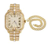 HALUKAKAH Orologio da Uomo - Diamante Moissanite Iced Out - Lusso Placcato Oro Vero 18K, Quadrante Quadrato 41MM con Calendario - Lunghezza 21,5cm, con Catena Cubana 50cm - Include Scatola Regalo