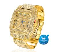Halukakah Orologio da Uomo in Oro con Diamanti Moissanite Premium - Placcato in Oro 18k,Impermeabile di Base,Quadrante Quadrato con Numeri Romani,3 Lati Iced Out,Cinturino 24cm -Scatola Regalo Inclusa