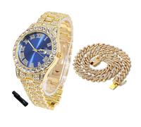 HALUKAKAH Orologio Diamanti Iced Out per Ragazzi Adolescenti - Placcato Oro 18 Carati,Quadrante Blu 42mm,Lunghezza 20cm,con Catena Cubane 40cm e Strumento di Regolazione - Scatola Regalo Dorata