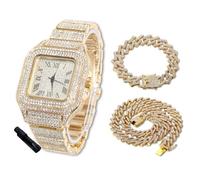 Halukakah Orologio Diamanti Iced Out per Ragazzi Adolescenti - Placcato Oro 18 Carati,Quadrante Quadrato 40mm,Lunghezza 20cm,con Catene Cubane 18+40cm e Strumento di Regolazione- Scatola Regalo Dorata