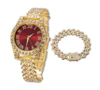 HALUKAKAH Orologio Diamanti Iced Out per Ragazzi Adolescenti - Placcato Oro 18 Carati,Quadrante Rosso 36mm,Lunghezza 20cm,con Catena Cubane 18cm e Strumento di Regolazione - Scatola Regalo Dorata