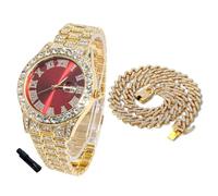 HALUKAKAH Orologio Diamanti Iced Out per Ragazzi Adolescenti - Placcato Oro 18 Carati,Quadrante Rosso 42mm,Lunghezza 20cm,con Catena Cubane 40cm e Strumento di Regolazione - Scatola Regalo Dorata