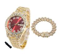 HALUKAKAH Orologio Diamanti Iced Out per Ragazzi Adolescenti - Placcato Oro 18 Carati,Quadrante Rosso 42mm,Lunghezza 20cm,con Catena Cubane 18cm e Strumento di Regolazione - Scatola Regalo Dorata