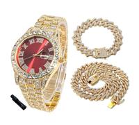 HALUKAKAH Orologio Diamanti Iced Out per Ragazzi Adolescenti - Placcato Oro 18 Carati,Quadrante Rosso 42mm,Lunghezza 20cm,con Catene Cubane 18+40cm e Strumento di Regolazione - Scatola Regalo Dorata
