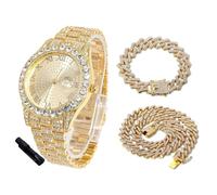 HALUKAKAH Orologio Diamanti Iced Out per Ragazzi Adolescenti - Placcato Oro 18 Carati,Quadrante Rotondo 42mm,Lunghezza 20cm,con Catene Cubane 18+40cm e Strumento di Regolazione- Scatola Regalo Dorata