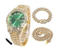 HALUKAKAH Orologio Diamanti Iced Out per Ragazzi Adolescenti - Placcato Oro 18 Carati,Quadrante Verde 42mm,Lunghezza 20cm,con Catene Cubane 18+40cm e Strumento di Regolazione - Scatola Regalo Dorata