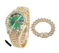 HALUKAKAH Orologio Diamanti Iced Out per Ragazzi Adolescenti - Placcato Oro 18 Carati,Quadrante Verde 42mm,Lunghezza 20cm,con Catena Cubane 18cm e Strumento di Regolazione - Scatola Regalo Dorata