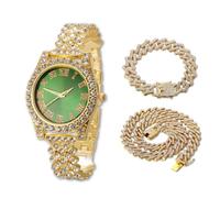 HALUKAKAH Orologio Diamanti Iced Out per Ragazzi Adolescenti - Placcato Oro 18 Carati,Quadrante Verde 36mm,Lunghezza 20cm,con Catene Cubane 18+40cm e Strumento di Regolazione - Scatola Regalo Dorata