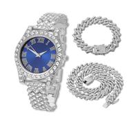 HALUKAKAH Orologio Diamanti Iced Out per Ragazzi Adolescenti - Placcato Platino,Quadrante Blu 36mm,Lunghezza 20cm,con Catene Cubane 18+40cm e Strumento di Regolazione - Scatola Regalo Dorata