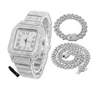 HALUKAKAH Orologio Diamanti Iced Out per Ragazzi Adolescenti - Placcato Platino, Quadrante Quadrato 40mm, Lunghezza 20cm, con Catene Cubane 18+40cm e Strumento di Regolazione - Scatola Regalo Dorata