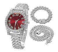 HALUKAKAH Orologio Diamanti Iced Out per Ragazzi Adolescenti - Placcato Platino,Quadrante Rosso 36mm,Lunghezza 20cm,con Catene Cubane 18+40cm e Strumento di Regolazione - Scatola Regalo Dorata